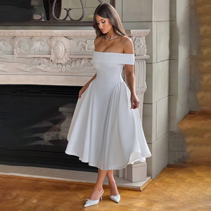 Vestido de Novia Midi con Hombros Descubiertos, Sin Tirantes, Corte en A, Color Sólido, Cintura Natural, Espalda Descubierta, Diseño Sencillo - Product Image 2