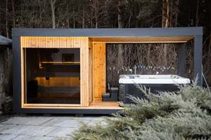 Cabine de sauna extérieure moderne <span class=keywords><strong>avec</strong></span> patio intégré et éclairage LED, extérieur gris sans baignoire - Product Image 2
