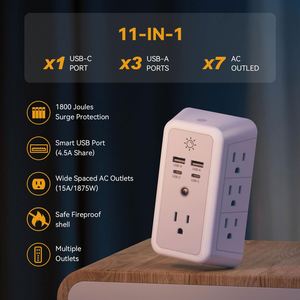 11 en 1 prise USB Extender parasurtenseur 1800 <span class=keywords><strong>Joules</strong></span> 7 AC Multi Plug 3 Side Swivel Power Strip Splitter - Product Image 2