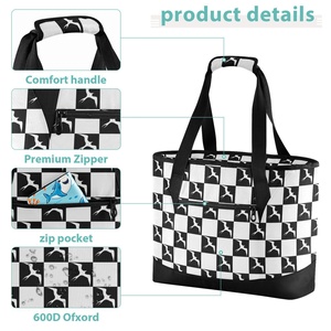 Hawaii Checkered Black White Large Insulated Beach Tote Cooler Bag Iwa Birds Insulated Grocery Shopping Bags with Zipper Top - Product Image 5