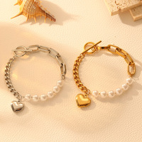 Bracelet Cœur Tendance Luxe Léger Imitation Perle pour Femme, Plaqué Or 18K, Acier Inoxydable, Fermoir OT, Étanche