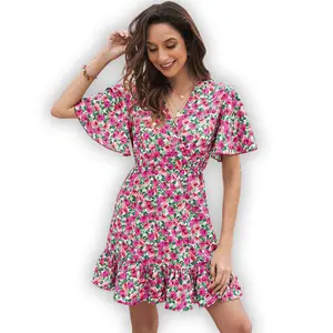 Hanni vestido curto feminino floral, para moças, roupas femininas casuais, decote em v, cintura alta, elástico, vestido curto