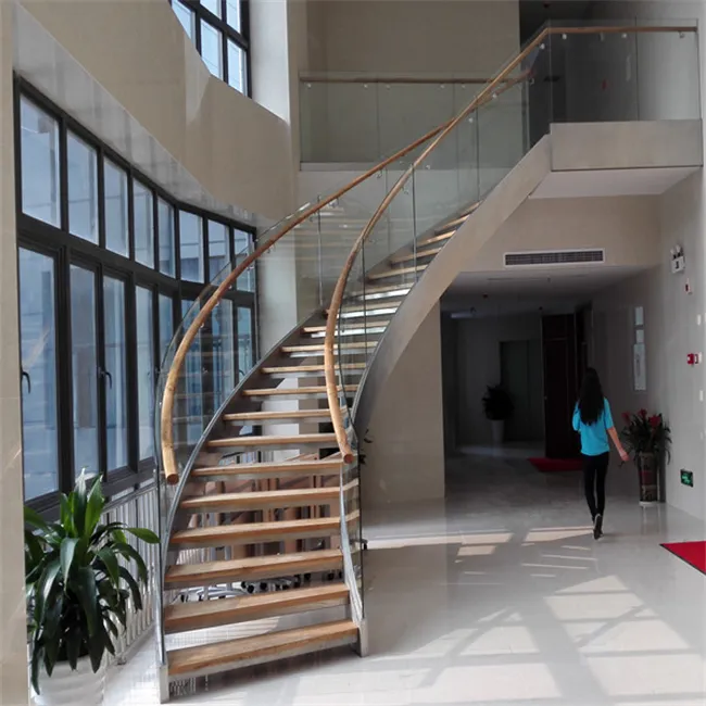 Stainless Steel Curved Staircase Design with Oak Wooden Tread With Rod Railing Glass Railing Curved Staircase For Interior