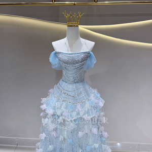 <span class=keywords><strong>Vestido</strong></span> de Noche Jfh138 <span class=keywords><strong>Azul</strong></span> Celeste sin Tirantes con Tul en Capas, Apliques Florales 3D, Espalda con Cordones, <span class=keywords><strong>Vestido</strong></span> de Fiesta Jancember - Product Image 3