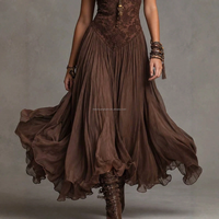 Robe longue plissée en mousseline de soie marron style bohème avec patchwork en dentelle, bretelles spaghetti, pour festival et soirée, personnalisable OEM