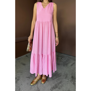 Vestido Maxi Rosa con Lazos en la Espalda y Volantes, Corte Holgado, Vestido de Invitada para Bodas - Product Image 3
