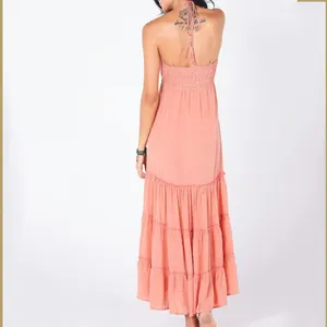 New Design Customization Summer Casual Bohemian Women Sun Dresses Sleeveless V-neck Boho Pink Silk Floral Midi Dress