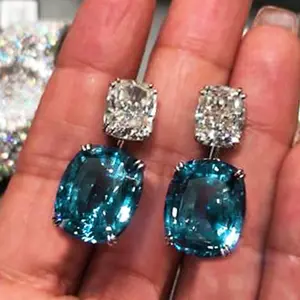 Mode Rasa Biru Saphir Anting Persegi Berlian Anting untuk Wanita Kristal Desiigner Anting