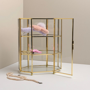 Boîte de rangement octogonale en verre transparent à trois couches avec cadre en métal, organisateur de bijoux, présentoir de bureau, or et argent - Product Image 3