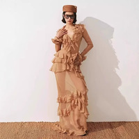 Sommer Neuheiten Kleid Damenmode Kaffee farbener V-Ausschnitt Langärmliges mehr schicht iges Rüschen-Design-Kleid für den täglichen Urlaub