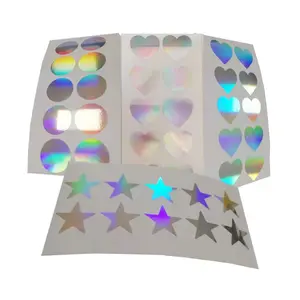 Yüksek kaliteli kalıcı vinil holografik kalp yıldız daire çıkartmalar dekoratif baskılı lazer kalıp kesim Sticker