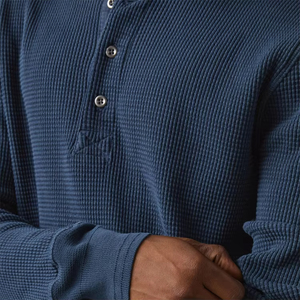 Custom Men Soft Breathable Waffle Knit Henley TShirt Heavy Weight Tshirt Organic Cotton Long Sleeve Casual Pullover Tops - Product Image 5