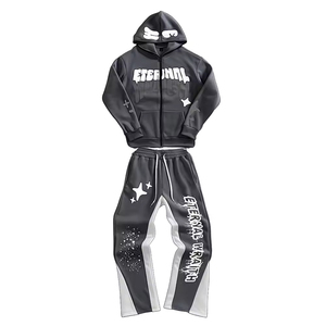 Sudadera con capucha y cremallera de diseño personalizado, transpirable, de corte holgado y pantalones deportivos acampanados de felpa francesa con estampado serigrafiado para hombre, estilo casual elegante. - Product Image 1