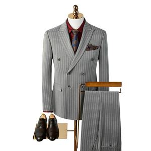 Traje de hombre a medida transfronterizo gris a rayas, corte ajustado, doble botonadura, con cuentas, para banquetes, negocios, formal, de <span class=keywords><strong>caballero</strong></span> - Product Image 1