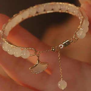 Imitation Natural White Jade Beads <b>Bracelet</b> for Women Round Ginkgo Leaf Pendant Handmade <b>Beaded</b> Crystal <b>Bracelet</b> for Women - Product Image 5