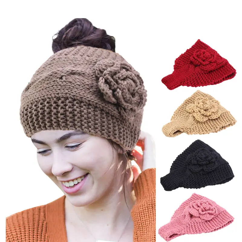 GTOP ikat kepala hangat bunga kustom kabel Crochet penghangat telinga Chunky pita rambut rajutan tangan ikat kepala musim dingin untuk wanita
