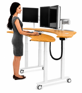 Curved Wood <b>Standing</b> Desk Workstation with Height <b>Adjustable</b> Feature for Dual <b>Monitor</b> Setup in Office and Home - Product Image 3