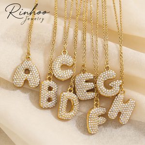 Collier à lettres en zircon pavé couleur or RINHOO pour femmes et hommes, chaîne délicate à initiale en forme de bulle, bijoux de fête, cadeau - Product Image 1
