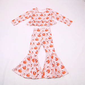 Conjuntos de Ropa para Niñas con Estampado de Calabazas Otoñales, Camisa Informal y Pantalones Acampanados, Venta al Por Mayor, Ropa de Boutique para Hermanas - Product Image 3