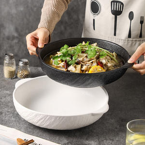 Assiettes à dîner <span class=keywords><strong>de</strong></span> forme ronde <span class=keywords><strong>de</strong></span> 12.2 pouces bol à double oreille en grès japonais Texture <span class=keywords><strong>de</strong></span> roche bol à soupe profond en céramique avec poignée - Product Image 1