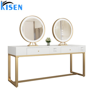 KISEN Stainless Steel Salon Display Cabinet Dressing <b>Table</b> And Storage Shelves Contemporary Decor <b>Mirror</b> For Barber Shop Use - Product Image 1