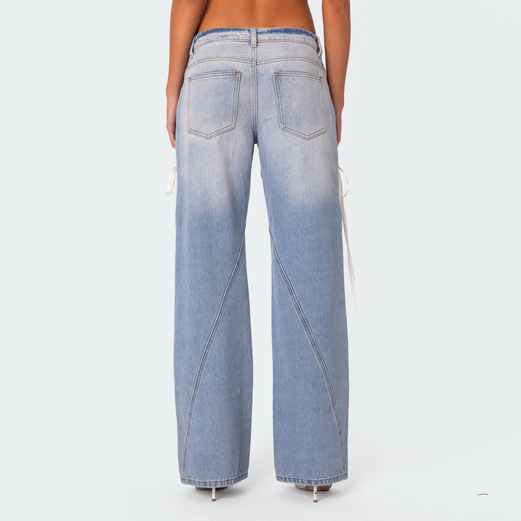 Ribbon Lace up Low Waist Denim Trousers - Vintage Jeans