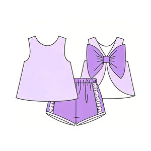 GSSO3465 CUSTOM Conjunto sin mangas morado con estampado y lazos verdes para niña pequeña, venta al por mayor, conjunto infantil para niña - Product Image 5