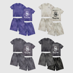 Custom logo Acid Wash Raw Edge Two Piece Set 100% katoen vintage gewassen distressed shorts en t-shirt set voor heren - Product Image 2