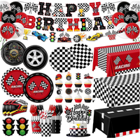 Vaisselle de fête d'anniversaire pour garçon, voiture de course, gobelets, serviettes, nappe, décoration de gâteau, vaisselle jetable, ensemble de vaisselle, drapeau d'anniversaire, fournitures de ballons