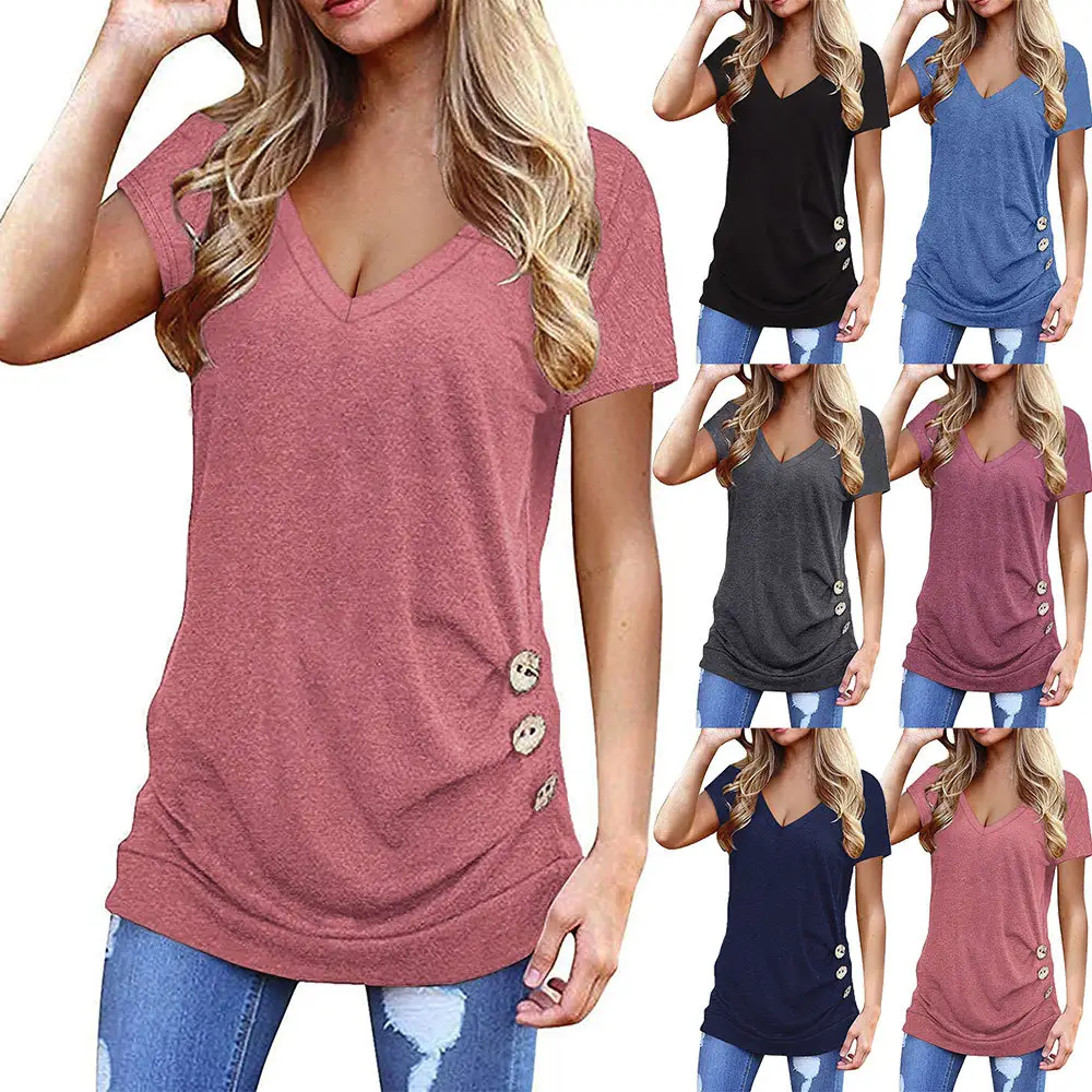 Vrouwen Tops Korte Mouw T-shirts Tunieken Tops Met Button