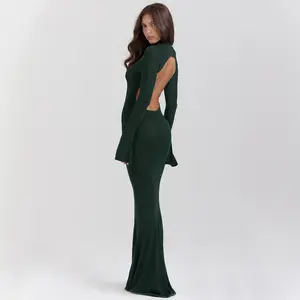 Knitted Elegant Women's Sexy Backless Long Sleeve O-Neck Evening Dress Autumn Slim Bodycon Party Maxi Dress