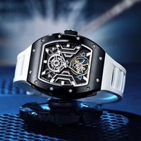 Luxuriöse Skelett-Automatikuhr mit Tonneau-Gehäuse, Tourbillon-Uhrwerk und Silikonarmband