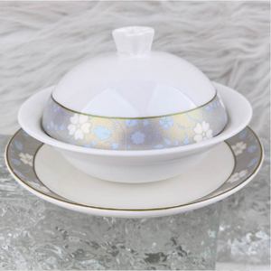 Service de Table de Luxe en Porcelaine Fine 10 Pièces Motif Floral Gris Bleu Bord Doré Compatible Lave-Vaisselle Kit d'Ustensiles Mariage Maison Hôtel - Product Image 4