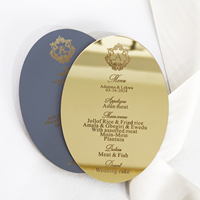Tarjetas de menú acrílicas con espejo dorado ovalado con texto grabado, menús acrílicos cortados con láser PARA CENA DE BODA DIY de lujo