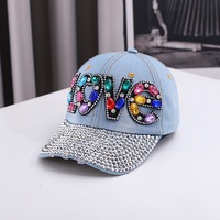 Casquette de baseball incrustée de diamants, motif LOVE, 6 panneaux, ajustable, en jean, style européen et américain, pour un look professionnel et polyvalent