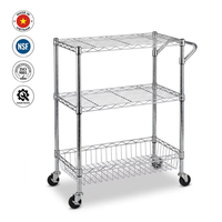 Carrito Rodante Desmontable de 3 Niveles con Cestas Profundas de Alambre Cromado, Carro de Almacenamiento con Ruedas para Alimentos, Ideal para Catering y Almacenes