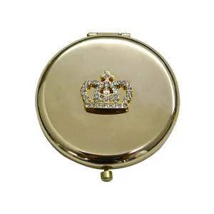 Promotional Gift Double Sides Diamonds Custom Portable Folding Metal Rose Gold Crown Cosmetic Pocket Mirror