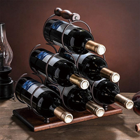 Support à vin de table à 3 niveaux, rangement pour bouteilles, porte-vin de comptoir, support à vin de table pour 6 bouteilles en métal avec plateau en bois