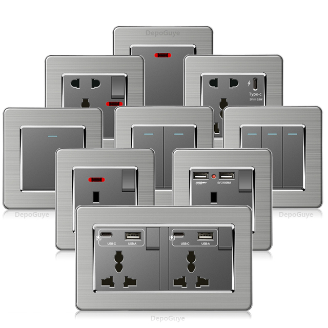 Universal Wall Light Switch Brushed Stainless Steel Panel,UK Type-c 18W Quick Charging Socket 220V Double USB Electrical Outlet