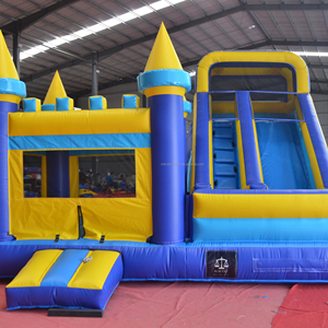 Castillo Inflable Clásico Azul y Amarillo con Tobogán, Doble Torre, Combinación de Brincolín Inflable para Niños, para Alquiler Comercial en Fiestas - Product Image 1