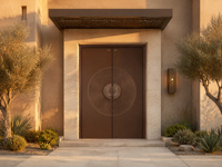 Porte d'entrée double haut de gamme en aluminium moulé, style Art déco, cercles métalliques concentriques, personnalisation exclusive pour projets.
