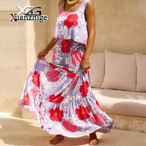 OEM 2026 Tùy Chỉnh Chất Lượng Cao Giản Dị Hoa In Rayon Cotton Linen Hoa In Crop Top Và Váy Thiết Lập Hai Mảnh <span class=keywords><strong>Maxi</strong></span> Dress - Product Image 1