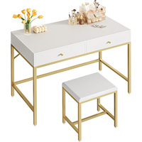Coiffeuse Moderne avec Tabouret Rembourré, Ensemble Bureau Maquillage Blanc et Or avec Tiroirs et Chaise