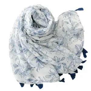 2024 Spring New Design Cotton linen feel scarf Korean blue white color leaves flower tassels long scarf shawl lady