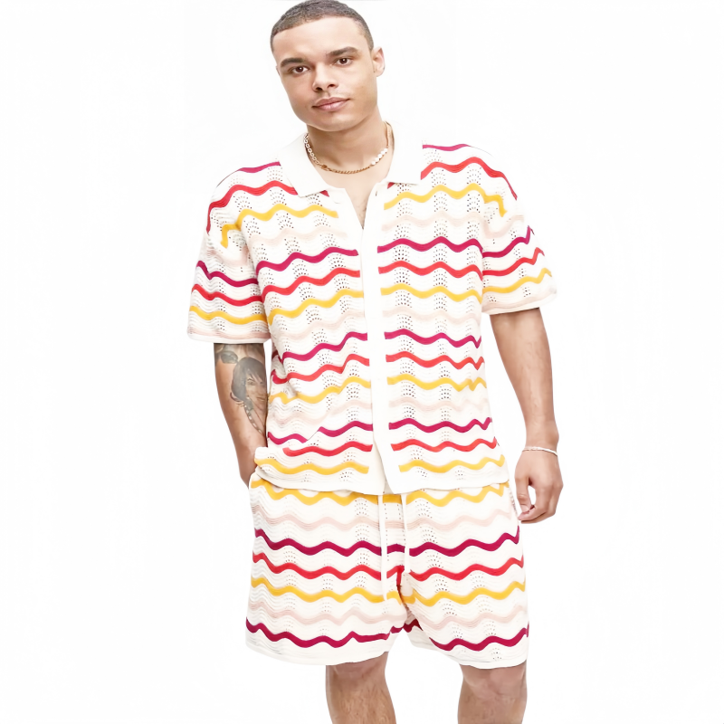 2026 Men Clothes Custom Design logo Hollow Out Mesh Summer Crochet Shirt Short Knit Cardigan Knitwear Knitted Men's Sweater Sets