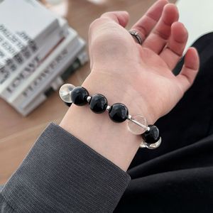 S925 Sterling Silver Black Agate White Crystal <b>Bracelet</b> <b>Ball</b> Shape Unisex Everyday Wear - Product Image 1