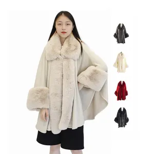 High Quality Elegant Style Wool Blended Knit Cape Coat With Faux Fur Trim For Ladies