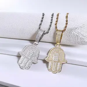 Hip Hop Wholesale Jewelry Iced Out Hamsa Pendant Full Pave 3a Cz Baguette Diamond Gold Plated Fatima Hand Necklace Men Women