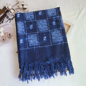 Summer New Tie Dyed Plaid Scarf Handmade Knot Long Tassel Shawl Travel Decoration Cotton Scarf