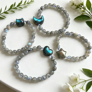 Pulsera de Labradorita Natural con Destellos Intensos, Dijes Tallados de Corazón/Luna/<span class=keywords><strong>Estrella</strong></span>/Cabeza de Gato, Pulsera Elástica de Cristal Curativo, Regalo de Joyería - Product Image 5